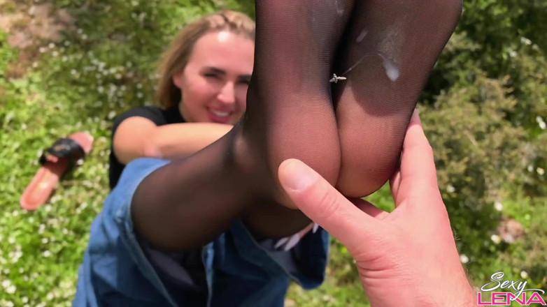 Goddess Lena: Greek Mountain Wild Footjob with Sweaty Nylon Feet - Outdoor Cum...