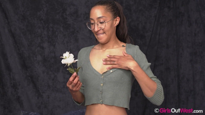 Girls Out West: Small Titted Chick with Hairy Pussy Loves Flowers and Masturbation