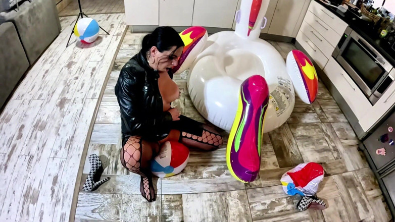 MilfyCalla: Dominant Biker Leather MILF Inflatable Office Fantasy. Beach Balls, Oral,...