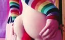 Femboy Raine: Rainbow Tail Rainbow Thighhighs and Arm Warmers Chastity Cage