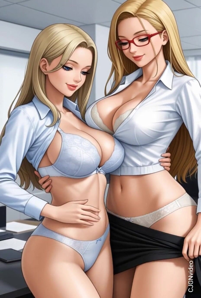 Hot girl dancing: Ofiste sarışın kadınlar öpüşüyor, dans ediyor, göğüslerini kaplıyor (ai animasyon)