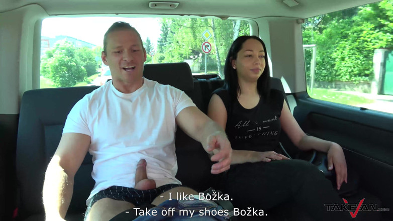 Take Van: Sad brunette celebrating life and fuck stranger in driving car