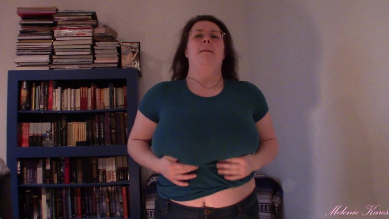 Melonie Kares: Huge boob tight shirt struggle BBW