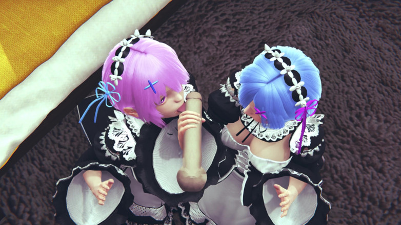 Waifu club 3D: Ram and Rem lick a big cock together