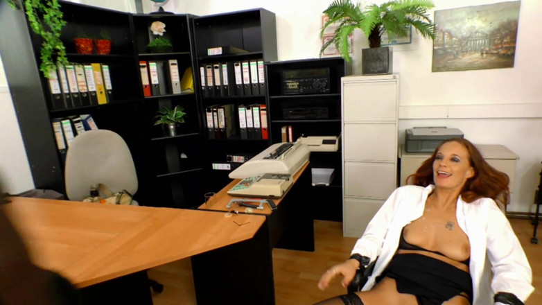 Pornstars fucking Japan Style: Secretary chick fucked by a black and white cock in...