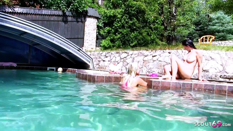 Full porn collection: Two horny lesbians masturbate with toys outdoor by the pool
