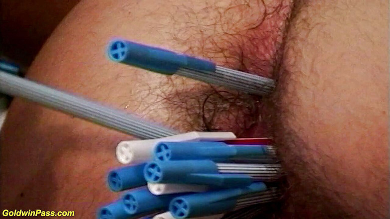 Look I am Hairy: Many pencils in all her hairy holes