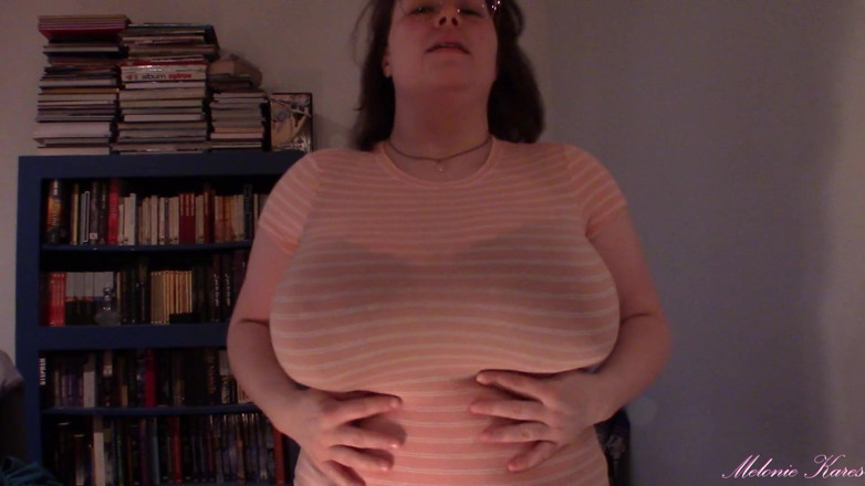 Melonie Kares: Huge boob tight shirt struggle BBW