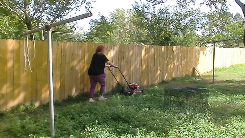 BBW nurse Vicki adventures with friends: Nurse Vicki Mowing Grass dressed then topless