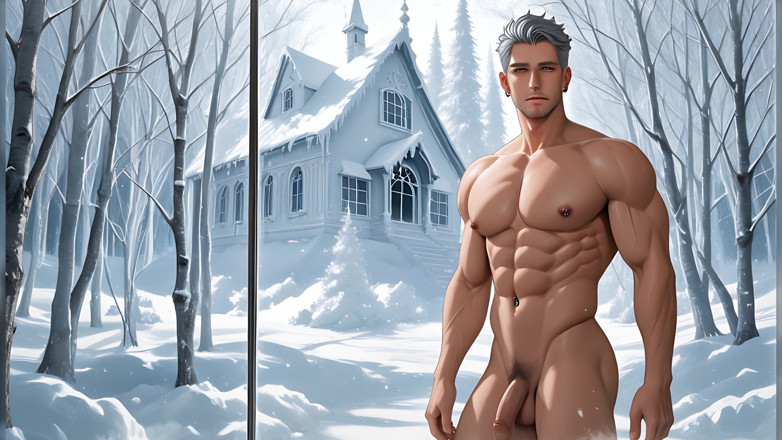 LustMen: Mature Silver Fox Model Standing Nude in Glass House Winter...