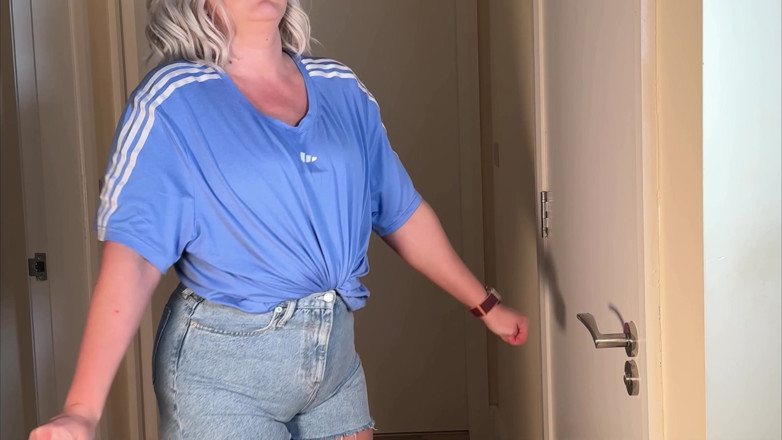 Emma Voyeur: Bathroom Locked - Denim Shorts Wetting Outside the Door