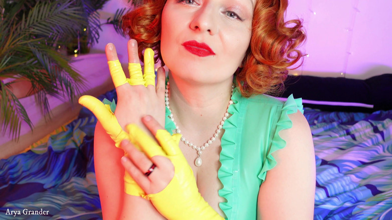 Arya Grander: Rip off clothes: ripping latex rubber yellow gloves Arya Grander