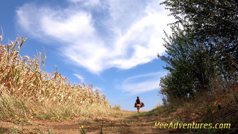 Pee Adventures: Chubby brunette pee on a dirt road in the middle...