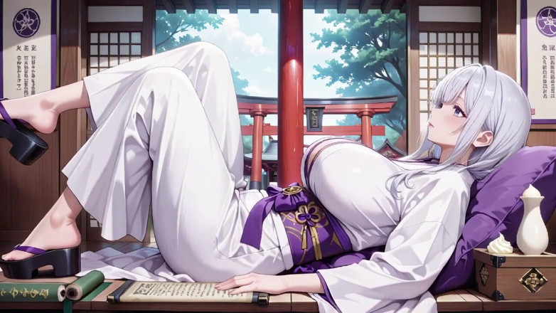 Tay Swift X: Silver-haired Miko Shrine Secrets! Half-unbuttoned White Kimono, Kneeling Poses and...