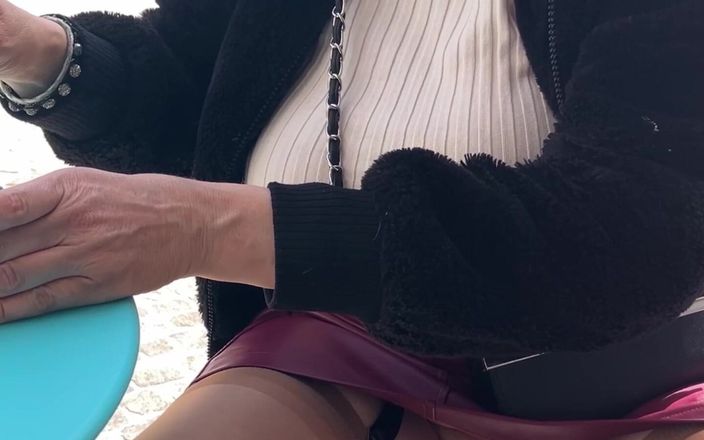 Lady Oups exhib &amp; slave stepmom: Outdoor Flashing in Leather Mini Skirt No Panties and Stockings...