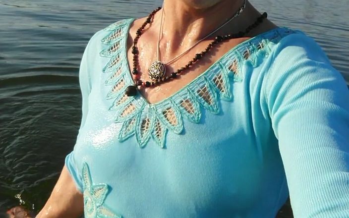 Alexa Cosmic: Trans Girl Swimming in the Lake in Clothes Blue Blouse...