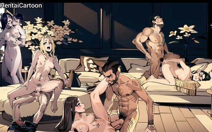 Hentai cartoon: Soirée échangiste, gangbang avec beaucoup de creampies, dessin animé hentai