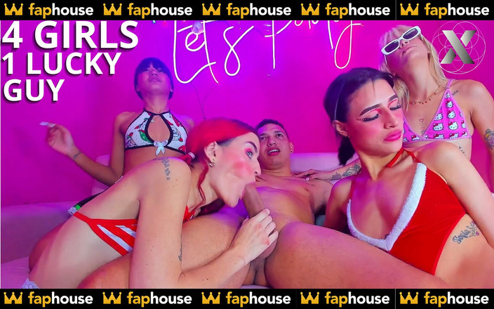 X Live Community: 행운의 남자에게 핫한 오럴을 해주는 아름다운 소녀 4명