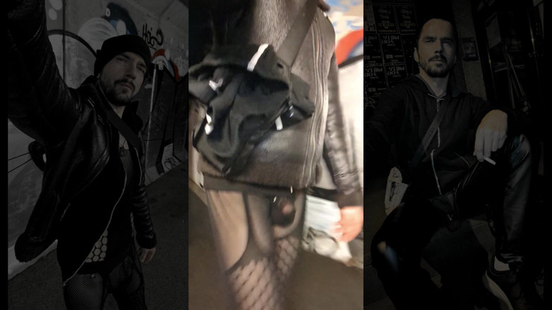 kinkygaynudist: Hot Rainy Walk (garters and Bulge Meggings)