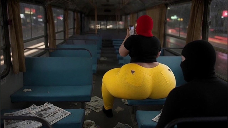 Animate golden: Big Ass Girl w obcisłych żółtych leginsach czeka na autobus