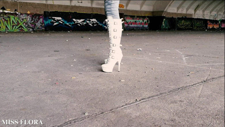 Miss Flora: Walking and Teasing in My White Boots - Parts 1 and 2