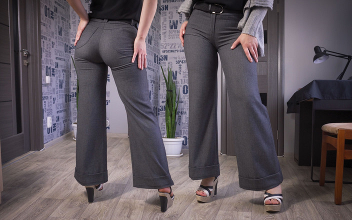 Teasecombo 4K: Sekreterare modellerar ben och röv i tajta byxor