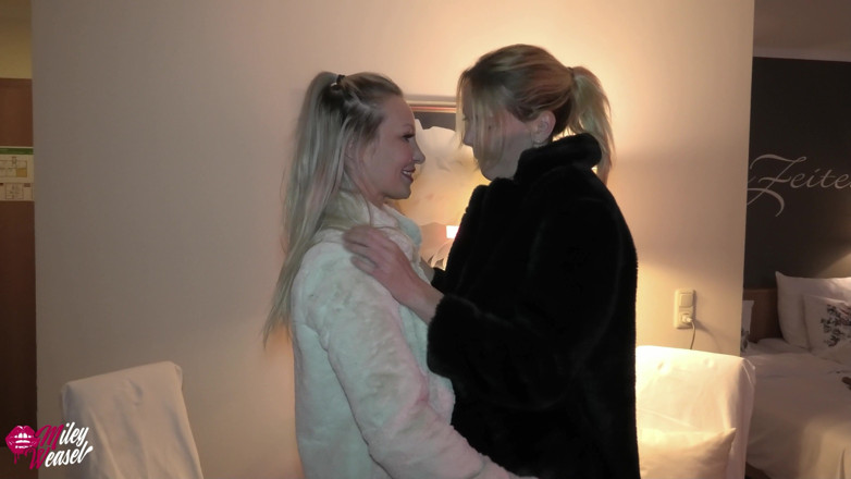 Miley Weasel: 2 Naughty Blonde Sluts in Boots and Fur Coat!