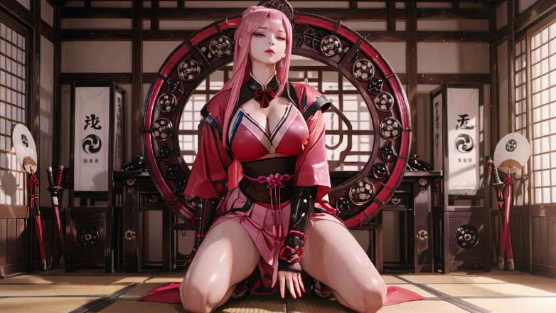 Seraphina Vale: Crimson Samurai! Prajurit rambut merah muda berlutut di tatami, kimono...