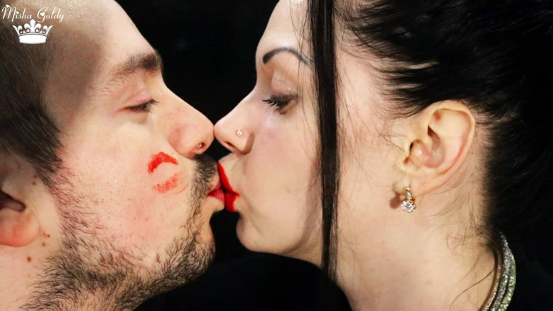 Goddess Misha Goldy: Covering Alex face with red lipsticks kisses