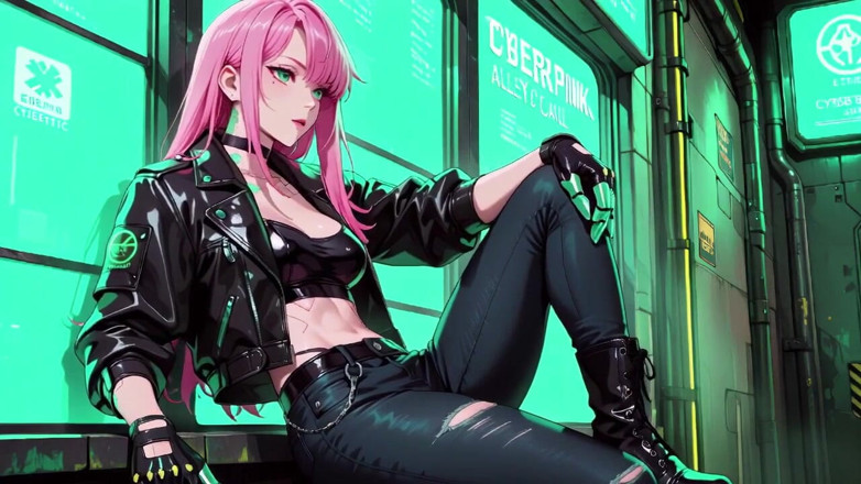 Tay Swift X: Pink-haired Leather Tech! Private Vibes in a Neon-lit Cyber Corridor.