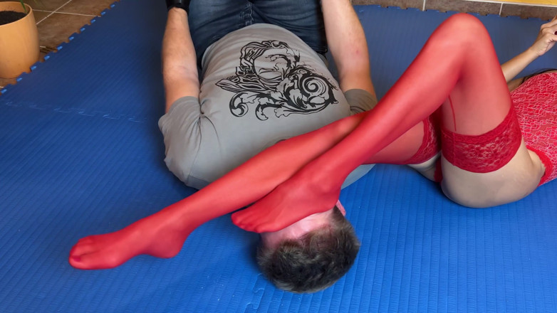 Mean Asian Wife: Red Pantyhose Foot Domination
