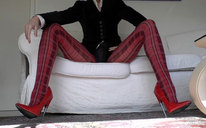 Lady Victoria Valente: Red Tartan Tights and Extreme Heels Legs Show