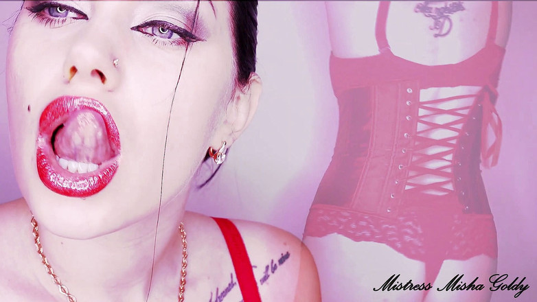 Goddess Misha Goldy: Röd blank fantasi över mina fascinerande läppar och min sexiga kropp