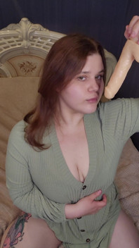 POV Blowjob with a Dildo a Chubby Redhead in a Dress