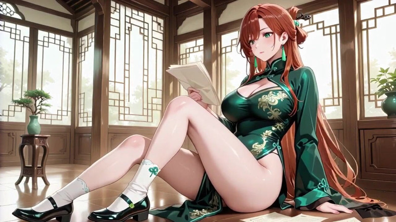 Tay Swift X: Red-haired in a Green Qipao! Languidly Lying Down in the...