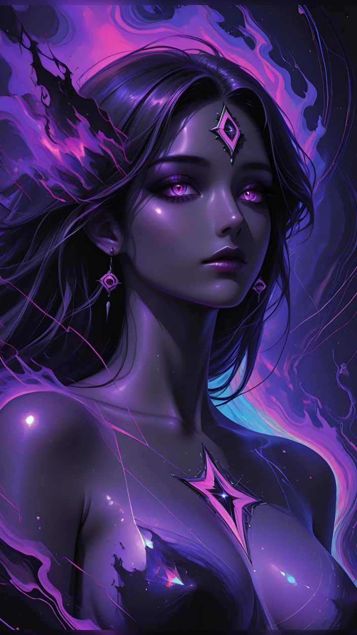 VelvetInk Studio: Mystic Cosmic Goddess with Glowing Violet Eyes Dark Fantasy Ai...