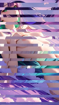 보라색과 에메랄드 구름에 몰두하는 아름다운 누드 젊은 여자