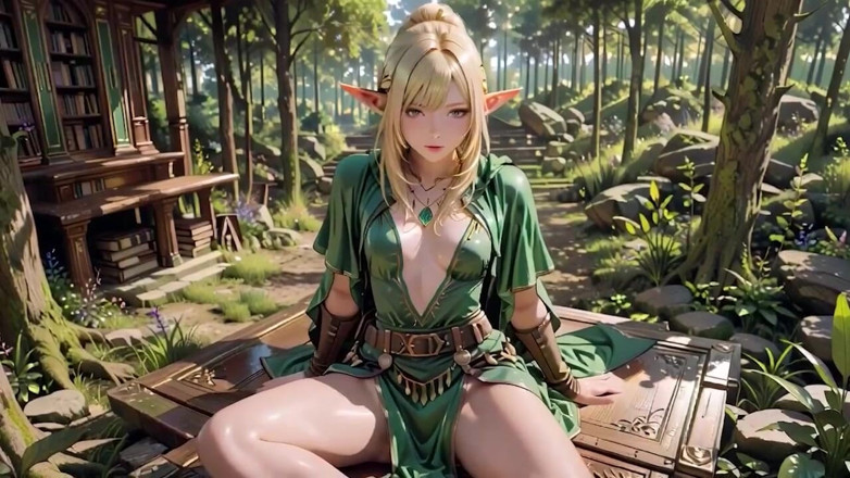 Seraphina Vale: 森のエルフの女王!まだらな日差しの中でひざまずき、濡れながら杖を指先でなぞる。