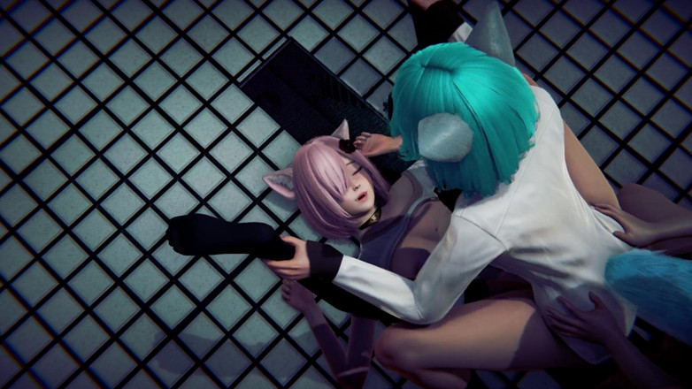 Waifu club 3D: Placed a cock between two some neko college girls