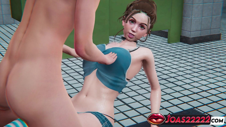 Joas22222: ホットな女スター優樹が公衆トイレで立ってGスポット刺激をクローズアップし、その後アソコ舐めの3Dアニメーション