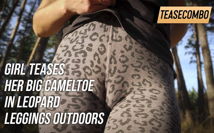 Teasecombo 4K: Dívka škádlí své velké stydké pysky v leopardích legínách Venku