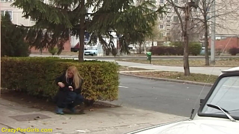Crazy pee girls: Beauty pissing on street behind bushes