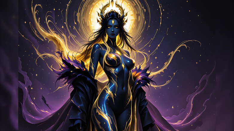 LustRender: Beautiful Nude Void Empress with Crystalline Golden Braided Body