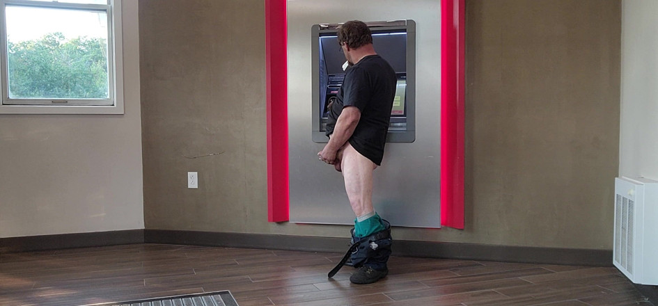 Fat boy: Jerking off at Bank