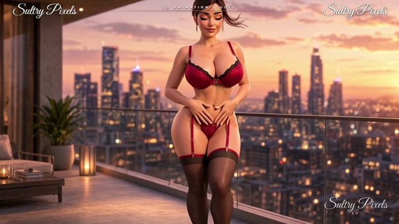 Sultry Pixels 3D: Елегантна брюнетка з булочкою зі смугами на терасі - сукня в нижню білизну
