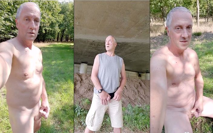 Daddy exhibitionist jantje: Grandpa Daddy Naked Cruising Outdoor Wood Giving Sexshow with Cumshot