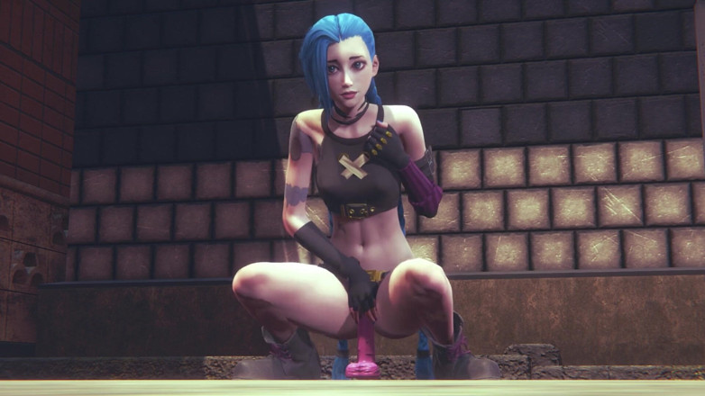 Waifu club 3D: Jinx found a pink dildo on the street and rides...