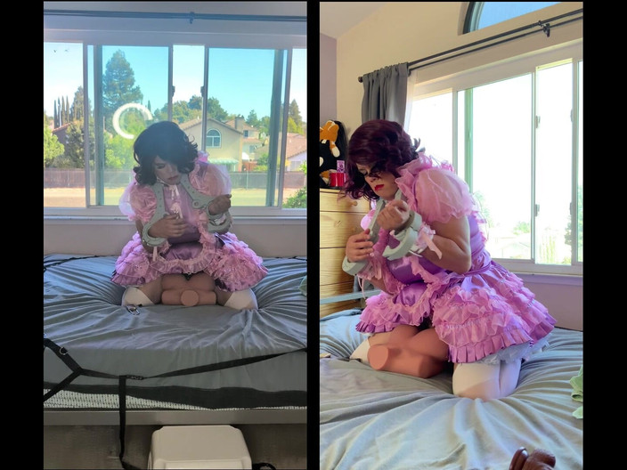 Sissy Candy: 粉红色的缎面娘娘腔女仆骑乘她的成人娃娃玩具被锁