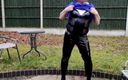 Sissy in satin: Satin Blouse and Tight Pvc Leggings Outdoors