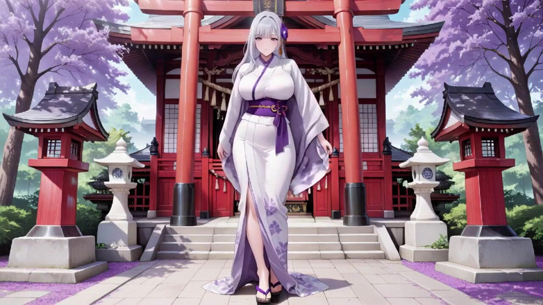 Tay Swift X: Silver-haired Miko Shrine Secrets! Half-unbuttoned White Kimono, Kneeling Poses and...